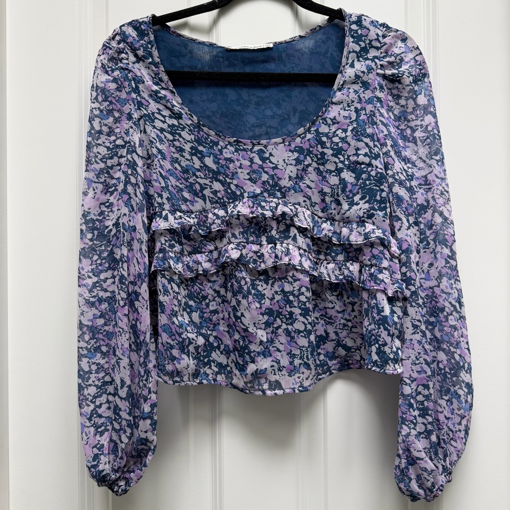 ABERCROMBIE & FITCH LONG SHEER BALLOON SLEEVE CROPPED FLORAL RUFFLE BLOUSE XXS